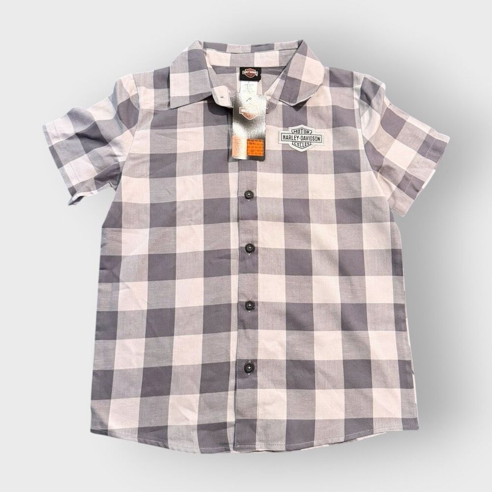 Harley-Davidson Boys B&S Short Sleeve Plaid Gray Flannel Shop Shirt size 8/10